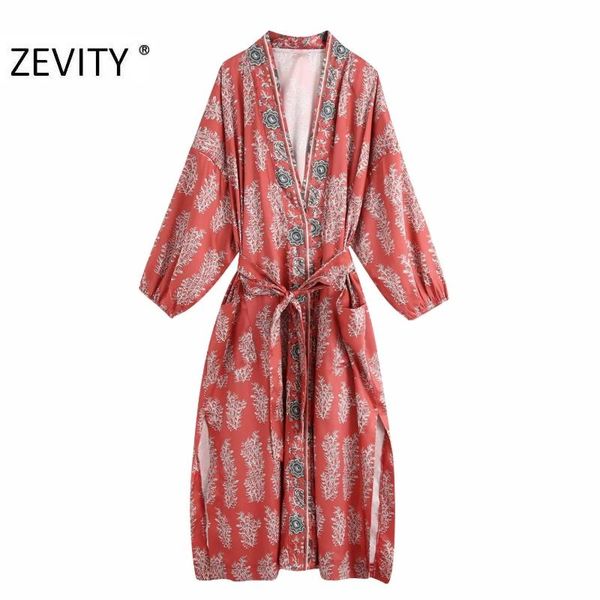 

zevity women vintage flower print casual kimono midi dress lady lantern sleeve bow tied sashes vestido chic split dresses ds4301, Black;gray