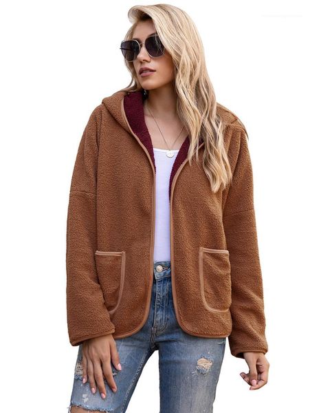 

famale сплошной цвет осени куртка женщин плюша с капюшоном кардиган пальто щитовые с длинным рукавом карманный, Black;brown