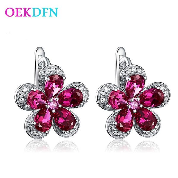 

OEKDFN Real 925 Sterling Silver Earrings Ruby Gemstone Flower Plant Hoop Earrings Women Fine Jewelry Wholesale Drop Shipping, Golden;silver