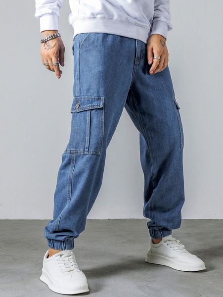 

men flap pocket cargo jeans 14yo#, Blue