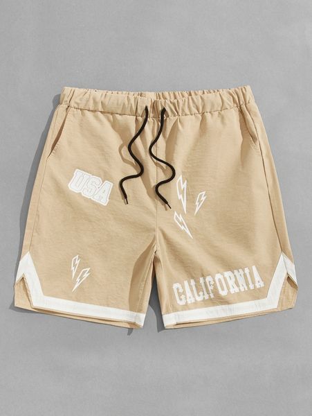 

men letter graphic contrast trim drawstring shorts 14fc#, Black