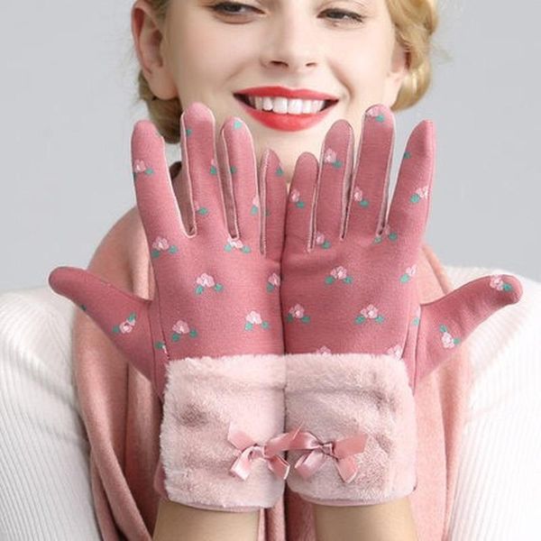 

winter warm gloves women bow decoration suede velvet thicke gloves five-finger riding pink red, Blue;gray