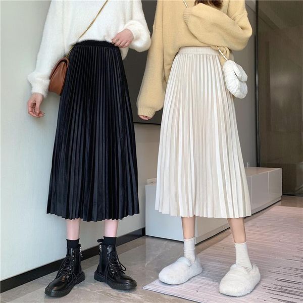 

skirts midi skirt autumn winter 2021 korean fashion elegant velvet pleated solid color high waist black a-line women streetwear