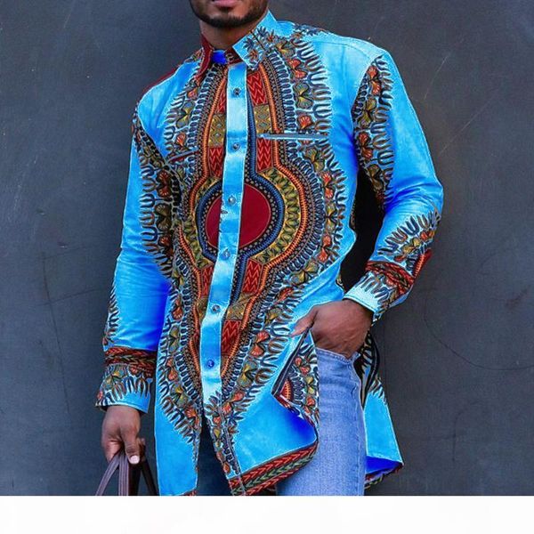 

african men shirts long sleeve retro autumn 2020 muslim geometric printed business blouses single-breasted shirts, White;black
