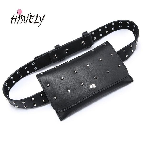 

hisuely women waist packs rivet waist bag ladies purses pu leather mini bags striped flaps ladies travel belt money holder black