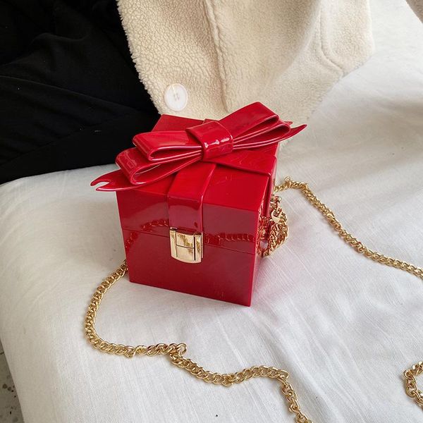 

women's box shape handbag bow design leather square shoulder bag female chain crossbody bag ladies purse and handbag party