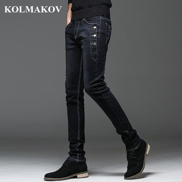 

kolmakov 2021 new mens denim jeans straight full length pants with high elasticity slim pants for man fashion mid-waist jeans, Blue