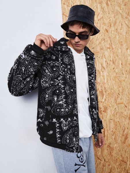 

men paisley pattern zipper teddy jacket e9tg#, Black;brown
