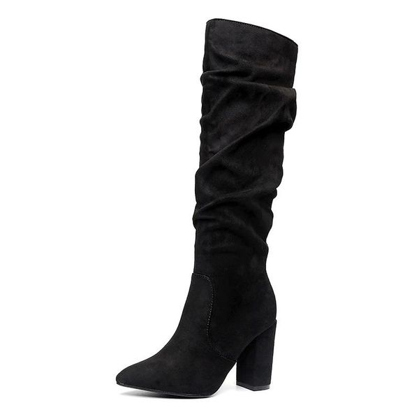 

boots long booties women thigh high black faux leather side zip chunky heels over knee botas bottes femme mujer