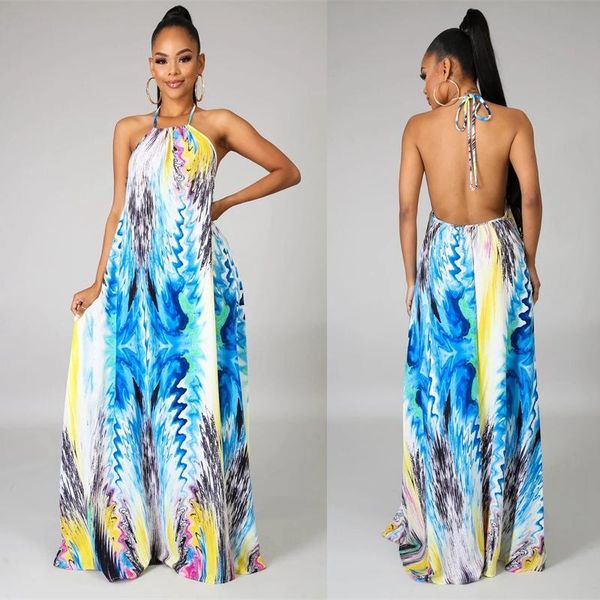 

women summer halter backless abstract printed dress beach party sleeveless casual long maxi dresses, Black;gray