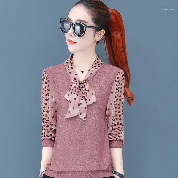 

women spring autumn style blouses shirts lady casual long sleeve bow tie collar polka dot printed patchwork blusas dd89411, White