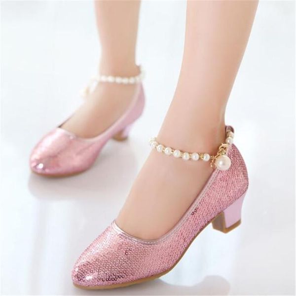 

new spring autumn princess shoes glitter chains pearl girls leather shoes baby kids performance student high heeled shoes 02 sqckcm pingtoy, Black