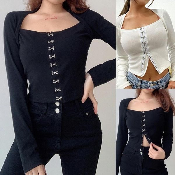 

women fashion solid color long sleeve single-breasted blouse buckles t-shirt 20201, White