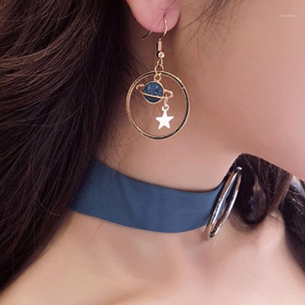 

handmade japan korean small blue stars moon earrings space planet geometry round hook long earrings for women girls1, Silver