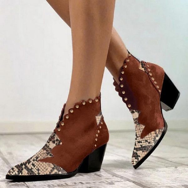 

women rivet boots female autumn winter pu leather cowboy ankle boots pointed toe wedge heel woman booties snake shoes, Black