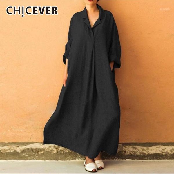 

chicever casual ankle length dresses for women lapel long sleeve oversized solid shirt dress female 2020 spring fashion new1, Black;gray