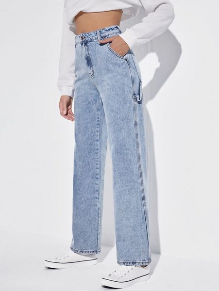 

high waisted zip up straight leg jeans c8sq#, Blue