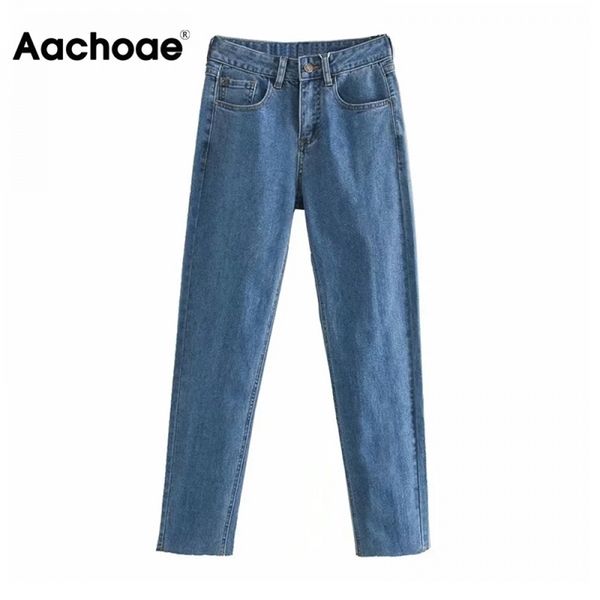 

aachoae women streetwear high waist jeans long pants fashion zipper fly stretchy denim trousers female casual pockets mom jeans 210203, Blue