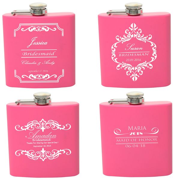 

bride or bridesmaid gift for wedding personalized engraved 6 oz pink hip flask stainless steel packing in black and organza bag q1222