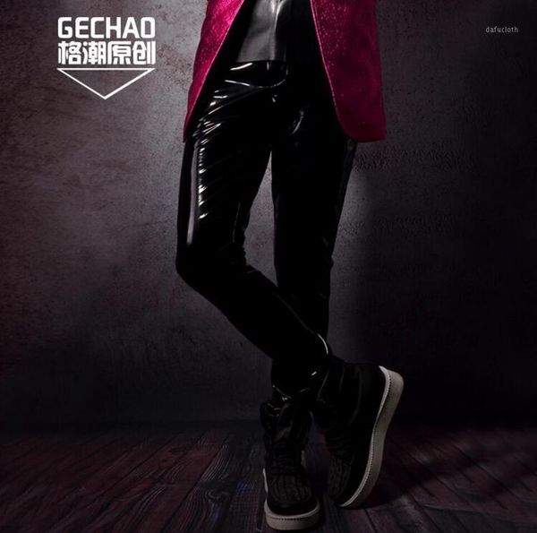 

27-44 new 2017 men's clothing fashion slim hair stylist patent leather pu leather pants trousers singer plus size costumes1, Black