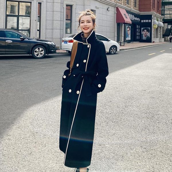 

2020 womens winter new long bandage lapel woolen coat fashion women jacket loose casual black wool blend coats1