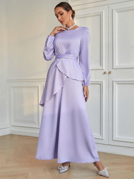 

lantern sleeve asymmetrical hem belted & wide leg pants s8na#, White