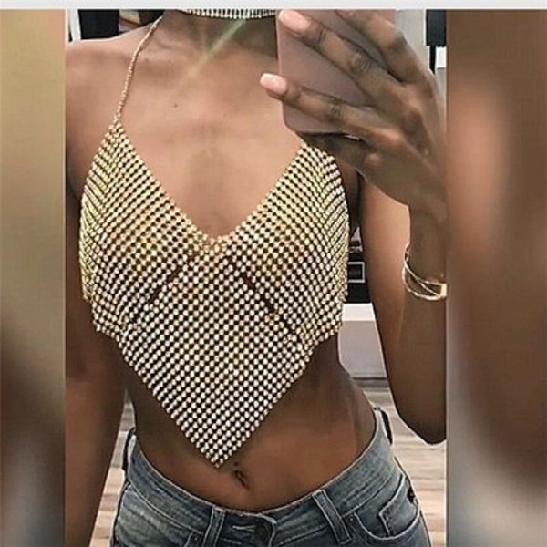 

european and american fashion women's nightclubs low-cut back hanging neck flashing halter body chain t200508, Silver