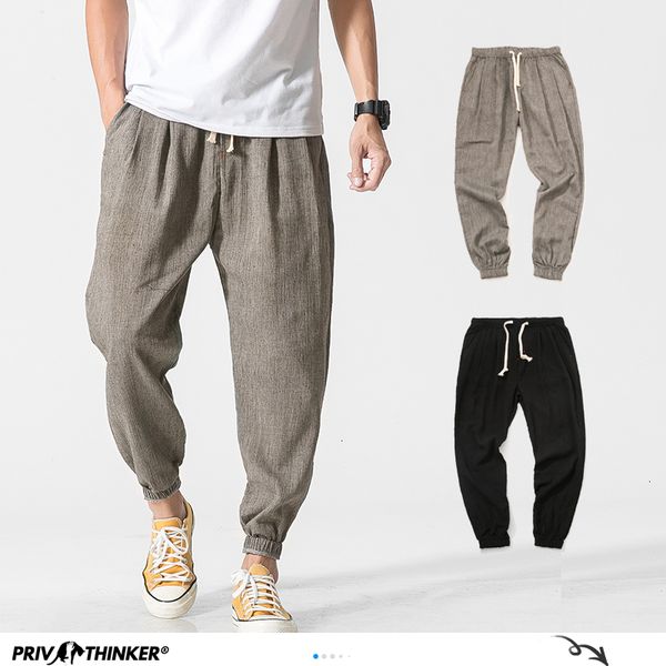 

privathinker cotton linen casual harem men joggers man summer trousers male chinese style baggy pants 2020 harajuku clothe q1219, Black