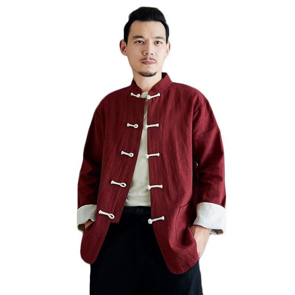 

lzjn 2020 spring long sleeve men tang suit blouse clothes flax blusas handmade chinese knot buttons black linen shirts, White;black