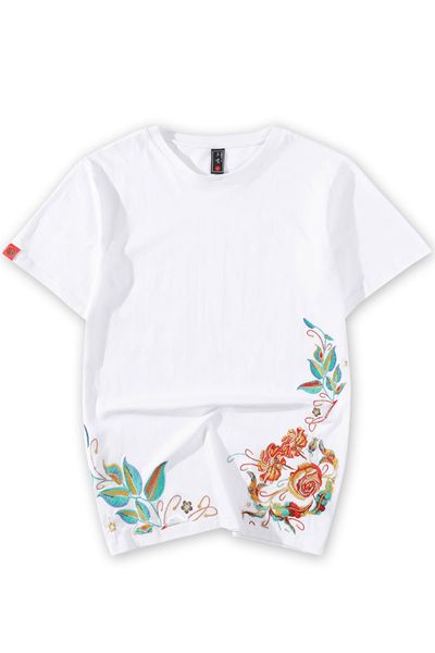 

2021 new embroidered of casual men cotton t shirt chinese-style flower the neck will see fashion short sleeve young male 4xl hcft, White;black