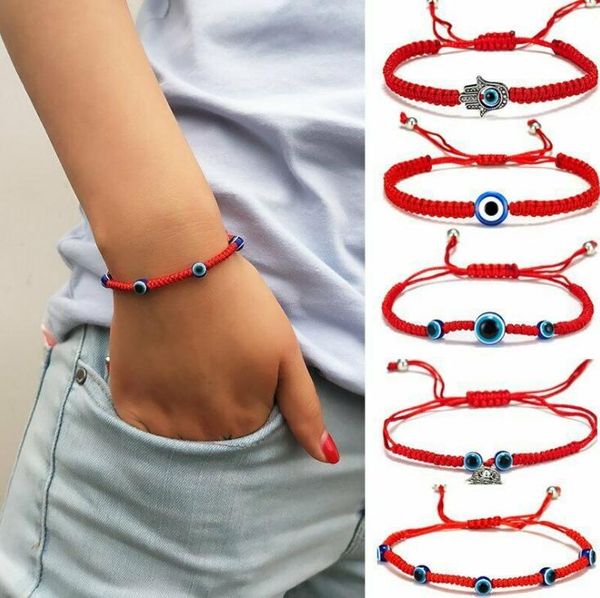 Braccialetto fortunato Braccialetto intrecciato a mano Kabbalah Filo rosso Filo Hamsa Braccialetti Blu Turco Malocchio Fascino Gioielli Braccialetto dell'amicizia