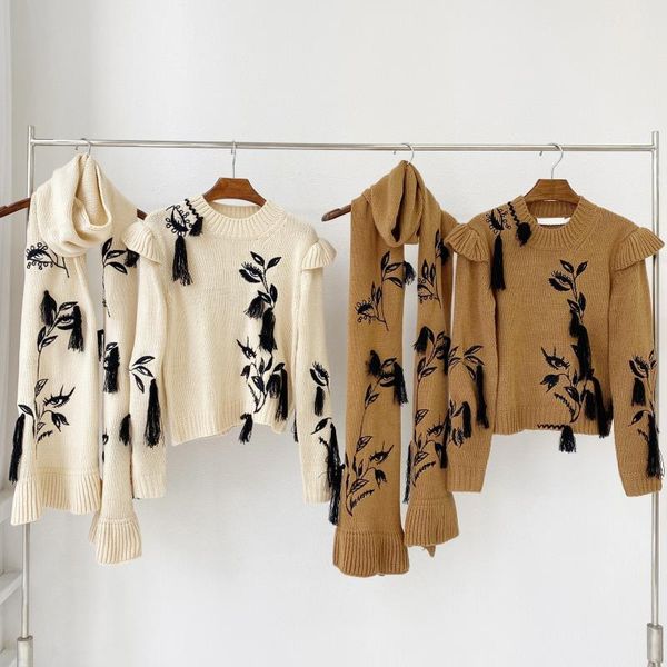 

2020 autumn winter women's knitting sweaters black leaf embroidery ruffles long sleeve elegant warm pullovers with scarf, White;black