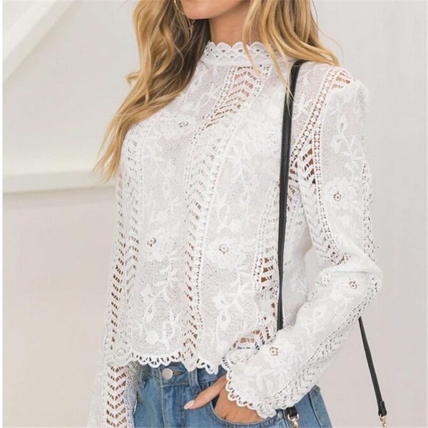 

hirigin women ladies blouse long sleeve white lace hollow turtleneck blouse summer blouses cap elegant blouse for female