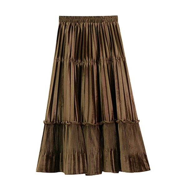 

tfetters black color high waist velvet a line midi skirts womens 2021 autumn winter new plain pleated skirts womens 2021