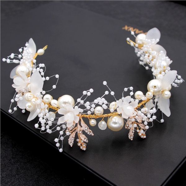 

big pearl white yarn flower headband wedding hair accessories gold rhinestone leaf bridal tiara headband wedding hair jewelry, Golden;silver
