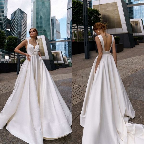 

gorgeous wedding dresses spaghetti sleeveless lace applique beads a-line bridal gowns sweep train backless custom made wedding dress, White