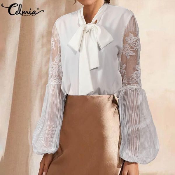 

5xl blouses women lace shirts celmia elegant see-through lantern sleeve casual loose bow tie neck office blusas mujer, White