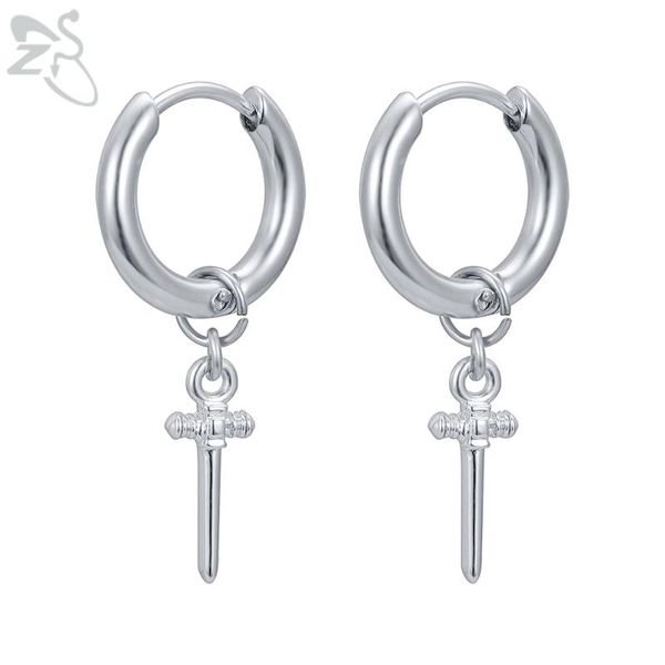 

hoop & huggie zs 1 pair stainless steel punk rock roll dangle earrings men's cross hoops kpop ear piercing jewelry accessories, Golden;silver