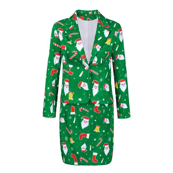 

2020 autumn christmas blazer two piece set women long sleeve single button blazer +print skirt suit slim office party set green, White