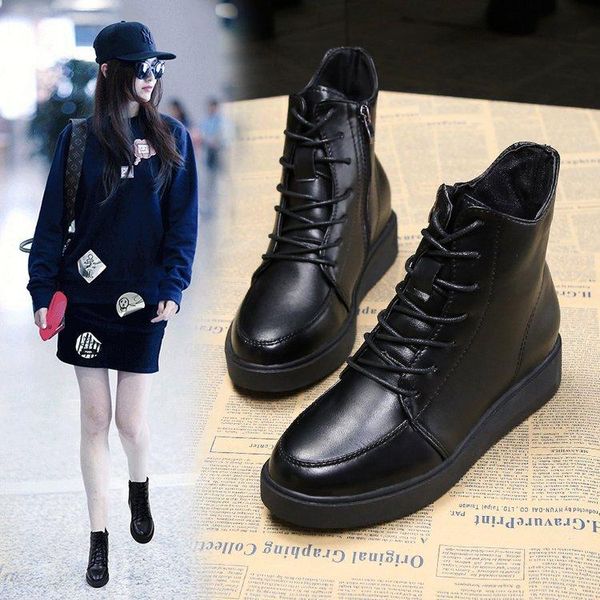 

autumn elevator martin boots girl boots fashion europe and america versatile plus velvet girl leather shoe lady shoes -40, Black