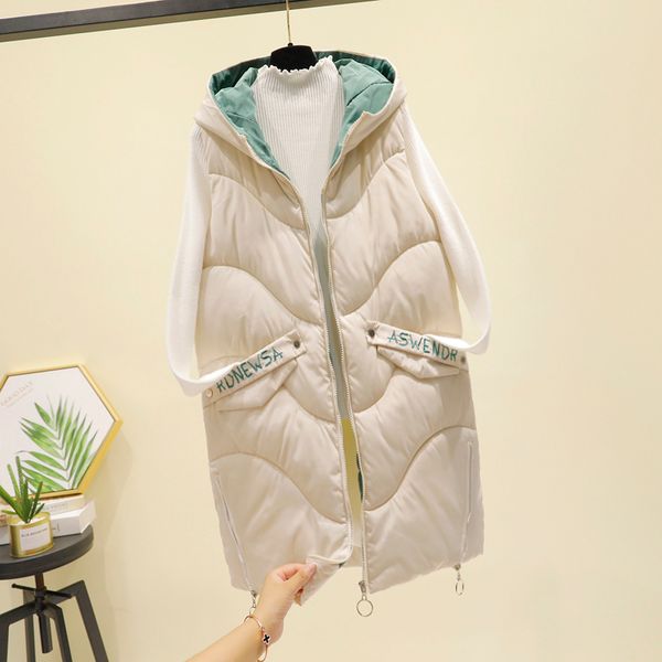 

new women vest cotton padded jacket autumn winter hooded letter embroidery long waistcoat female plus size vest parka outwear lj201203, Black;white