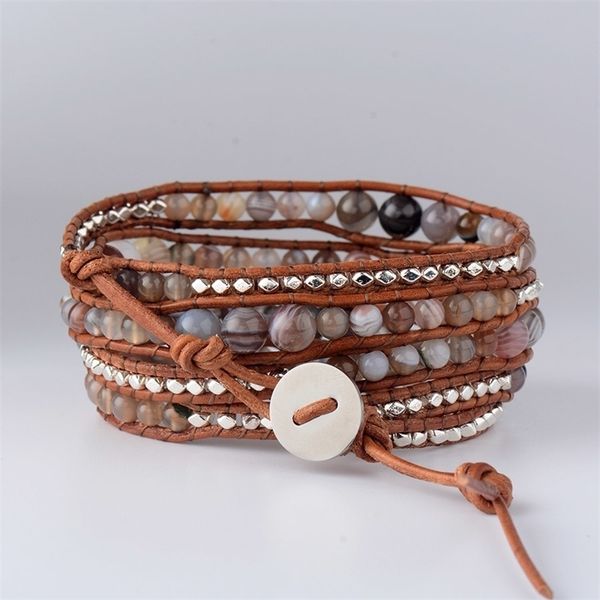 

botswana natural stone silver plated beads 5 strands leather rope bracelets exclusive bohemia wrap bracelet y200730, Black