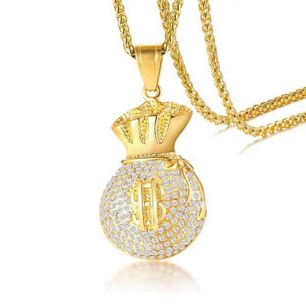 

stainless steel men necklaces chain pendants gold lucky purse attractive rhinestone wealth rolling jewelry for men, Silver