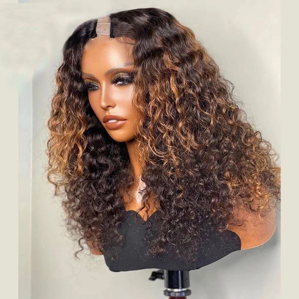 Ombre peruano loiro profundo curly u peças parte de peças médias marrom -meio marrom calçada 100% peruca de cabelo humano V Shape completa Máquina feita feita