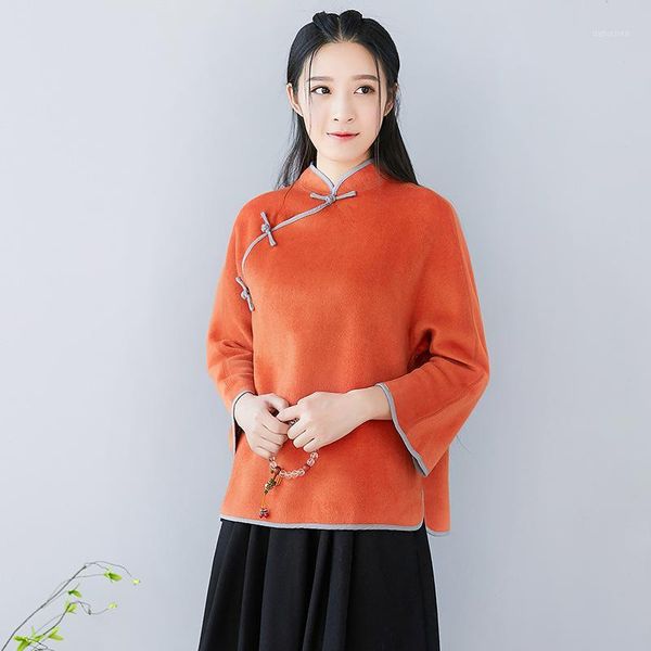 

traditional slant frog button stand collar flare sleeve women woolen coat, autumn winter orange red mid thick ladies wool jacket1, Black
