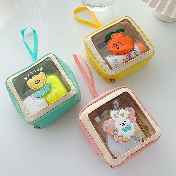 

korea orange cosmetic cases girls fashion transperant mesh daily make up bags cute flower travel portable storage case