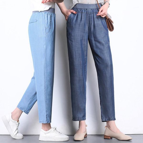 

plus size fashion summer women elastic high waist jeans new loose solid thin nine points jeans middle-aged casual denim pants1, Blue