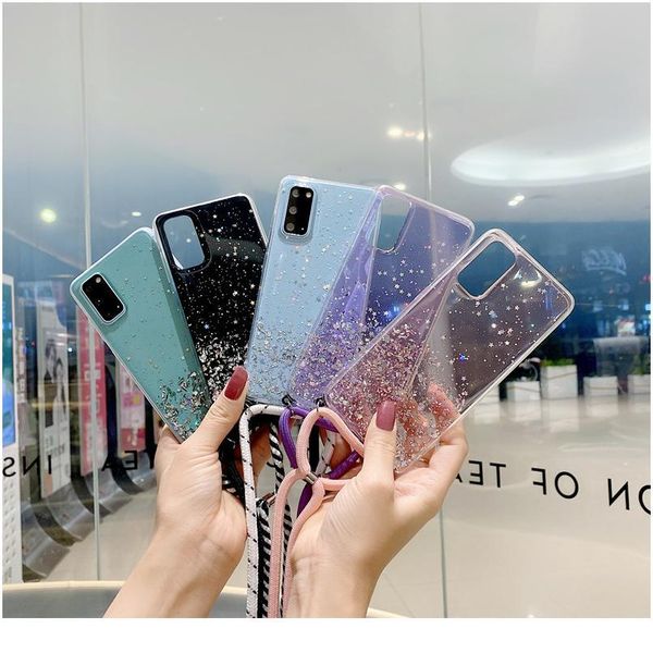 

sparkle glitter stars sequins phone case for samsung galaxy a01 a21 a31 a41 a51 a71 s20 necklace lanyard soft clear ba qylqyb