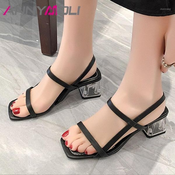 

annymoli sandals women real leather high heel shoes square toe rhinestone thick heels lady footwear summer female sandals beige1, Black
