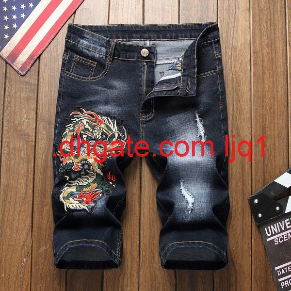 

new men's jeans in spring of 2019: embroidered, pierced, slim and casual capris / straight pants, Blue